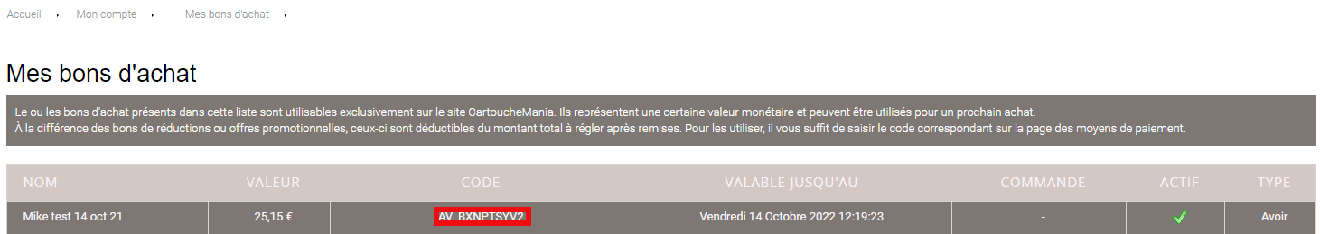Mon compte, mes bons d'achat